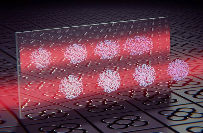 Representación artística de las interacciones quirales en una nube ultrafría de átomos “vestidos con luz”