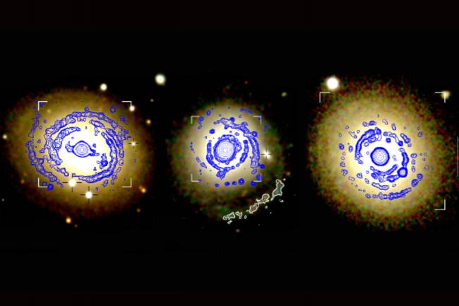 Composición de las tres galaxias elípticas estudiadas, con la estructura en forma de brazos espirales delineada en contornos.