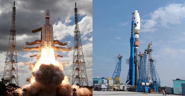 Lanzamiento del Chandrayaan 3 de India durante el pasado 14 de julio y módulo de aterrizaje lunar Luna-25 de Rusia preparado en su lanzador