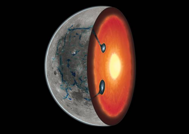 Cara cercana o visible de la Luna con una sección transversal que muestra dos acumulaciones de ilmenita