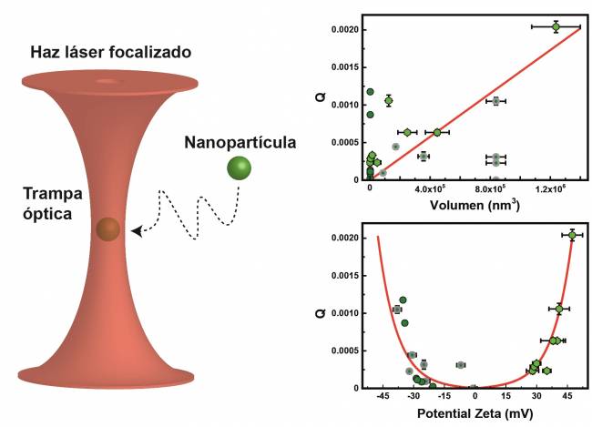 Representación esquemática de una partícula ópticamente atrapada. Representación gráfica de la fuerza óptica en función del volumen. Representación gráfica de fuerza óptica en función del potencial zeta.