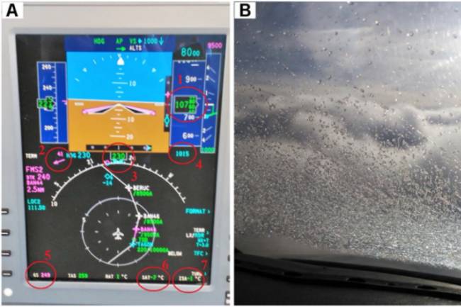 Pantalla del avión comercial durante el episodio de formación de hielo y carga de hielo en el parabrisas. 