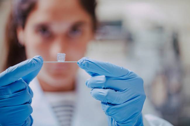 Uxue Aizarna sostiene un vaso sanguíneo bioimpreso. /  CIC biomaGUNE. 