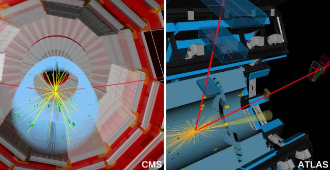 ilustraciones que muestran un bosón de Higgs desintegrándose en dos muones según lo registrado por los experimentos CMS (izquierda) y ATLAS (derecha).