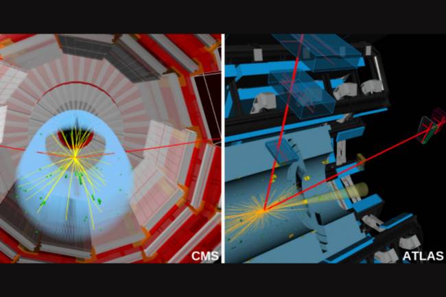 Ilustraciones que muestran un bosón de Higgs desintegrándose en dos muones según lo registrado por los experimentos CMS (izquierda) y ATLAS (derecha).