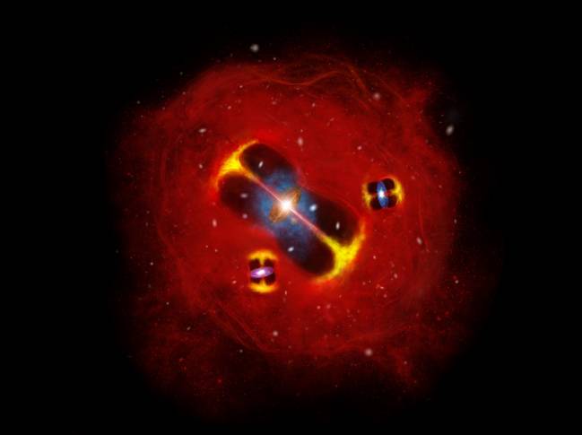 Impresión artística de un cúmulo de galaxias en formación en el universo primitivo