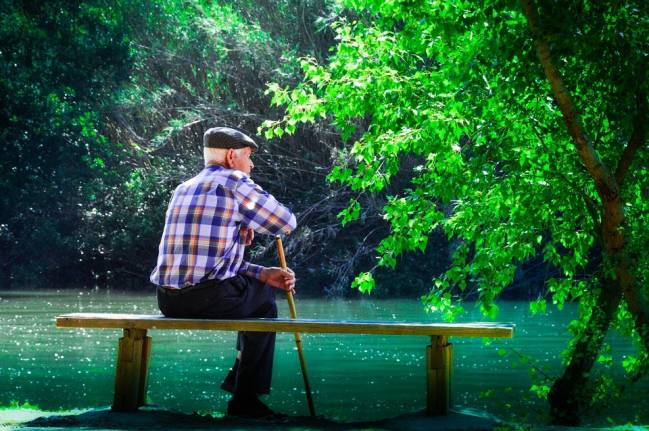 Fotografía de un hombre de avanzada edad, con bastón y boina, sentado en un banco frente a un estanque, en un parque.