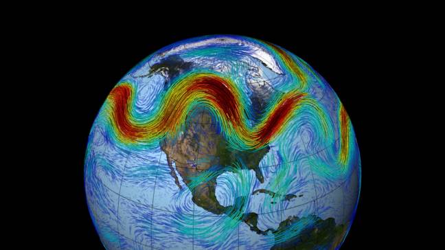La corriente en chorro polar puede viajar a velocidades superiores a 160 km/h. Aquí, los vientos más rápidos están coloreados en rojo; los más lentos, en azul.