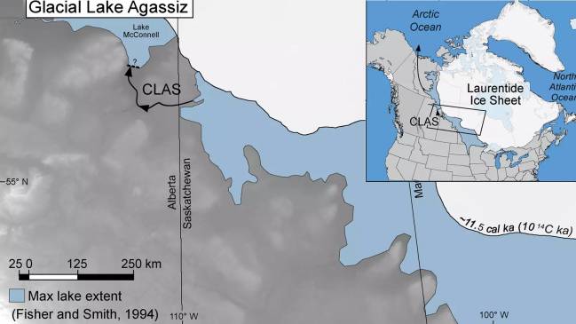 Mapa que muestra la localización del lago Agassiz en Canadá