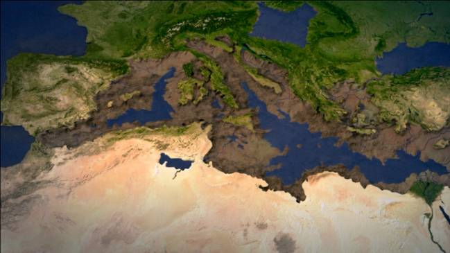 Representación del aspecto que podría haber tenido el Mediterráneo durante la crisis salina del Messiniense. / Mantero y García-Castellanos