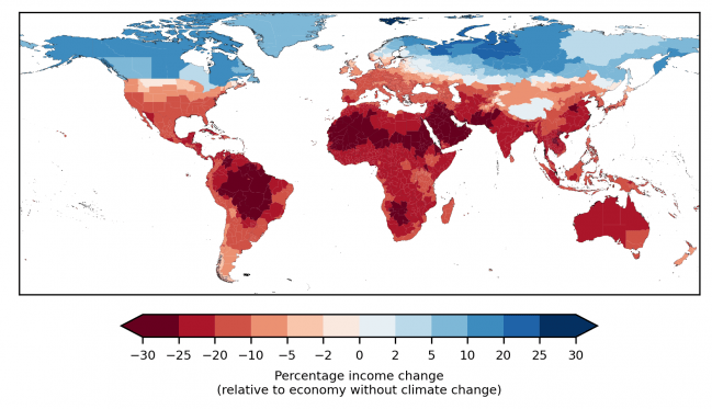 Infografía de los cambios previstos de la renta en 2049 en comparación con una economía sin cambio climático