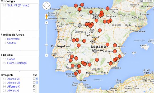 El mapa permite realizar filtros cronológicos por tipo de normas y otorgantes, como es el caso de Alfonso X / HPJP.