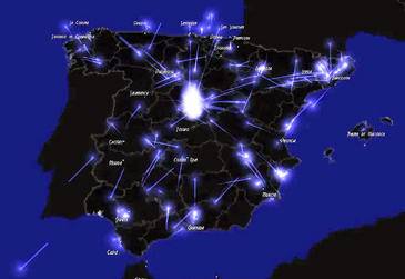 Imagen de la simulación computacional que ha elaborado el BIFI sobre el flujo de mensajes del movimiento 15M.