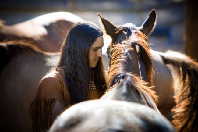 Un hombre acaricia a un caballo