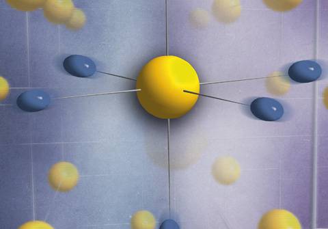 Estructura con enlaces de hidrógeno simétricos inducidos por el comportamiento cuántico de los protones, representados mediante esferoides azules fluctuantes.