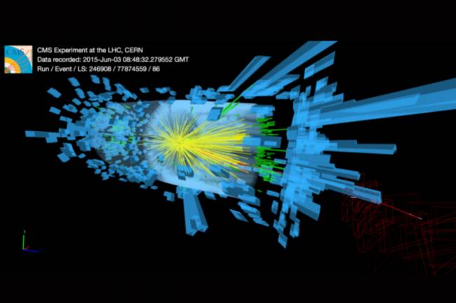 Ilustración primeras colisiones estables a 13 TeV en el experimento CMS.