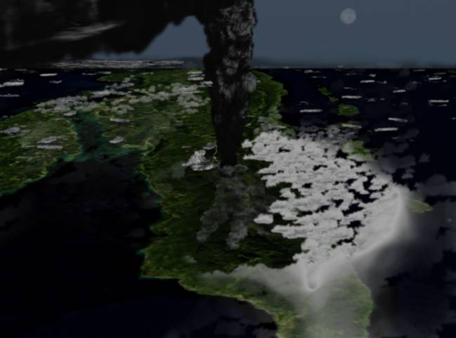 Recreación de la erupción del Toba vista desde el espacio. / Wikipedia