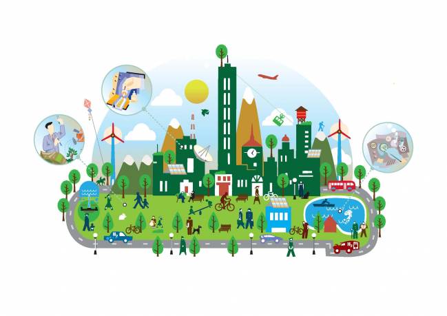 Dibujo que representa una ciudad habitable y respetuosa con el medio ambiente.