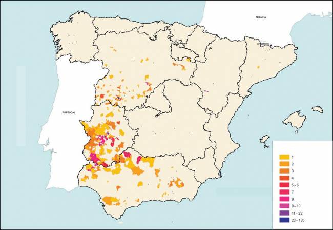 Distribución geográfica de las empresas productoras de jamón ibérico por número de establecimientos.