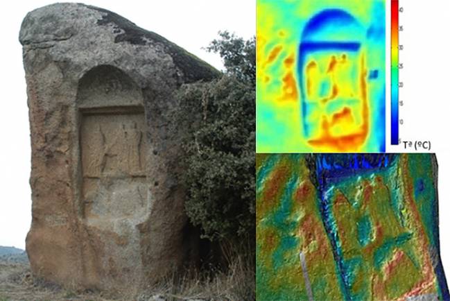 Diferencia entre cartografía de datos termográficos tipo y cartografía de base SIG en 3 dimensiones de un mismo elemento (Estela de Cenicientos, Madrid). La nueva cartografía mediante SIG tiene una gran definición en 3D que permite atender al elemento con mayor detalle.