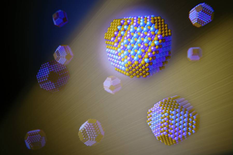 Ilustración artística de la distribución catiónica homogénea lograda dentro de los nanocristales de sulfuro de bismuto y plata (AgBiS2)