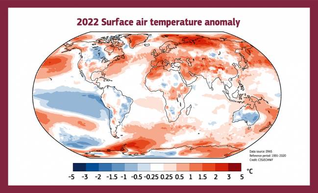 Temperatura del aire en 2022 en relación con su media de 1991-2020