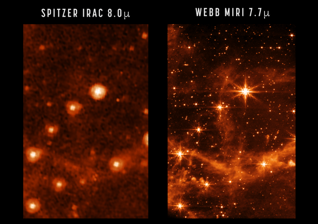 Comparación entre las imágenes infrarrojas obtenidas con los telescopios Spitzer y Webb