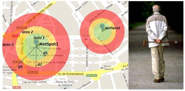 Ejemplo de disposición de áreas geográficas de seguridad.