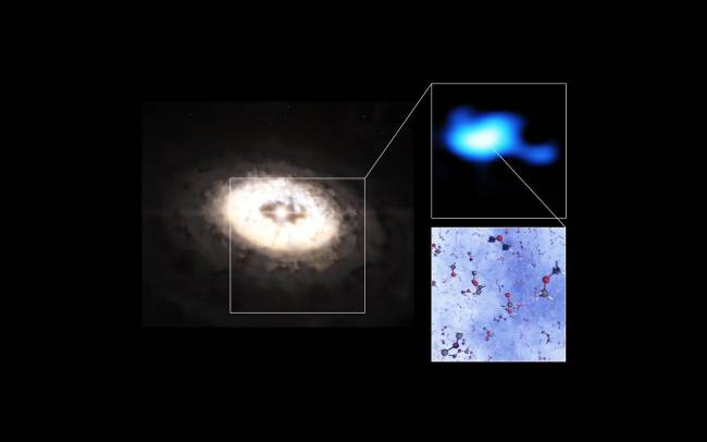 Ilustración del disco de formación de planetas que hay alrededor de la estrella IRS 48, con una región en forma de anacardo donde se ha detectado dimetil éter