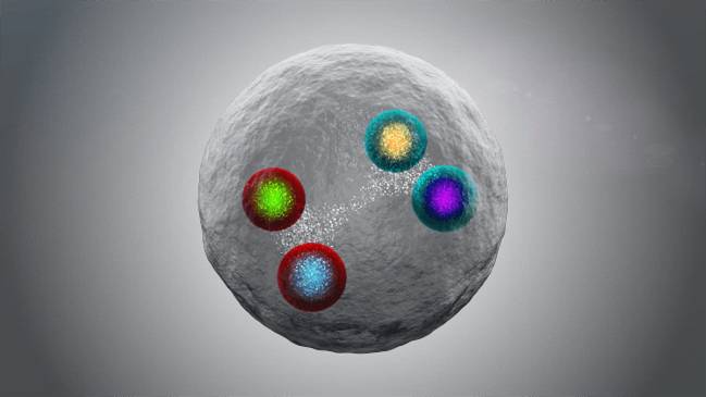 Ilustración de un tetraquark compuesto por dos quarks charm o encantados y dos antiquarks encantados, detectado por primera vez por la colaboración científica LHCb. / CERN