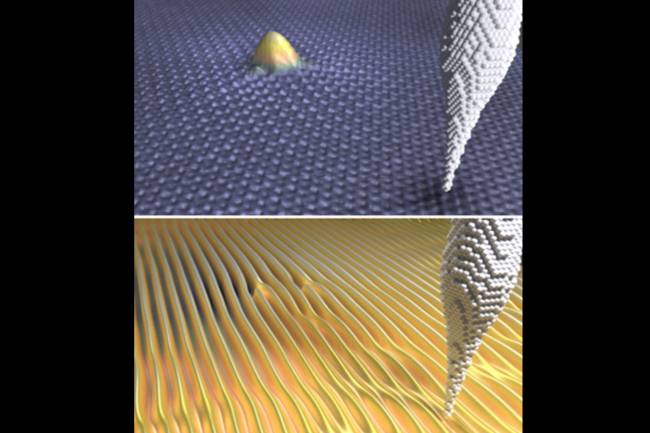 En la foto superior se muestra la reconstrucción 3D de la imagen cruda obtenida por microscopio de efecto túnel. La imagen de abajo representa la señal obtenida a partir de microscopio, empleando el nuevo método desarrollado en el trabajo