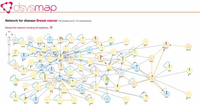Ejemplo de un mapa de interacciones de proteínas de dSysMap para el cáncer de mama