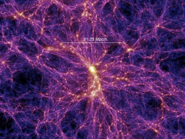 Simulación por ordenador que muestra la distribución de materia en el universo, con nodos densos, filamentos y vacíos. Fuente: V. Springel, MPIA.  