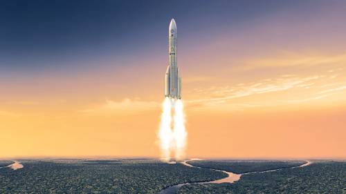 Ilustración del Ariane 6 despegando hacia el espacio