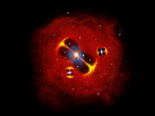 Impresión artística de un cúmulo de galaxias en formación en el universo primitivo