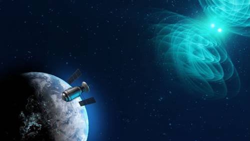 Representación artística de la fusión de dos estrellas de neutrones