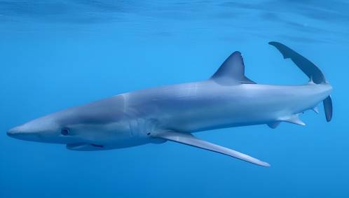 Tintorera nadando en las proximidades de una embarcación de pesca artesanal en la costa del Cabo de Creus, en Cataluña