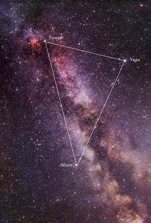 El Triángulo del verano: Vega, Deneb y Altair se convierten en las superestrellas del hemisferio norte durante las noches de agosto. IAC/Vicent Peris, CC BY