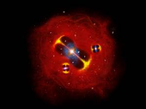 Impresión artística de un cúmulo de galaxias en formación en el universo primitivo