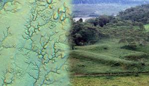 Imagen LiDAR de una de los antiguas áreas urbanas agrarias del Valle de Upano y ejemplos de las plataformas rectangulares