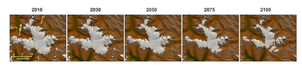 Deshielo pronosticado para los glaciares del oeste de Canadá durante el siglo XXI./ Clarke et al.