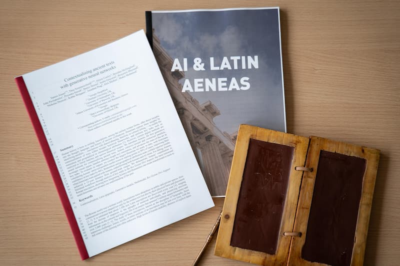 Composición que incluye el documento del artículo impreso y la nueva IA Aeneas. / Robbe Wulgaert