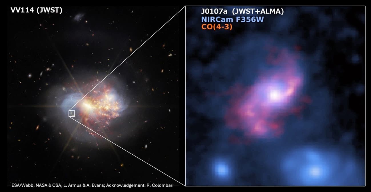 Imagen en el infrarrojo cercano de una galaxia cercana VV114 y la monstruosa galaxia espiral barrada de fondo J0107a en z=2,467 capturada por el telescopio espacial James Webb