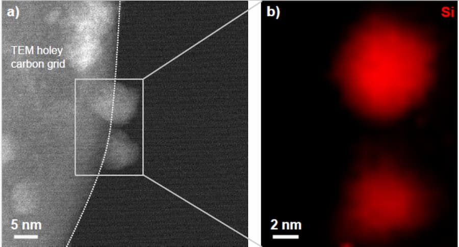 Imágenes de microscopía electrónica de alta resolución mostrando nanoparticulas individuales de carburo de silicio. /CSIC.