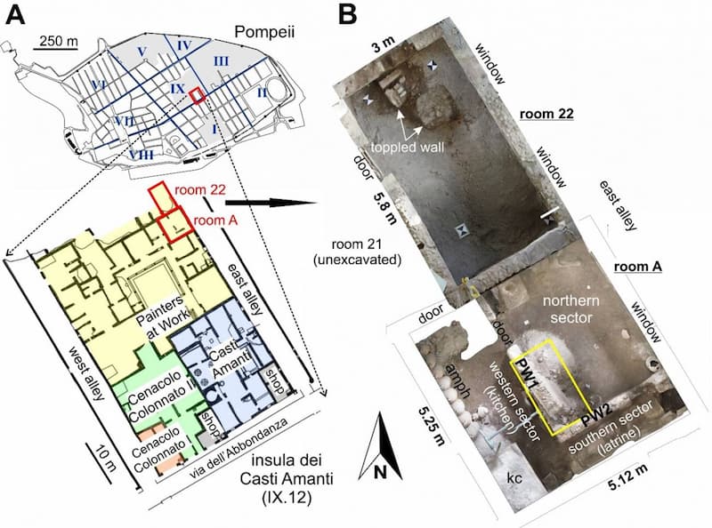 Localización de las habitaciones excavadas donde se encontraron los esqueletos. / Parque Arqueológico de Pompeya