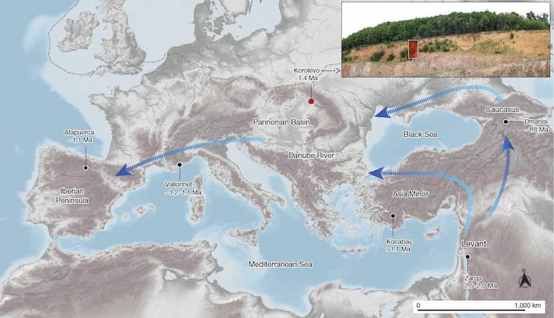 Yacimientos arqueológicos (como Korolevo en Ucrania y Atapuerca en España) y dispersión de los primeros humanos por Europa. / R. Garba et al. /Nature (imagen solo para artículos sobre este 'paper')